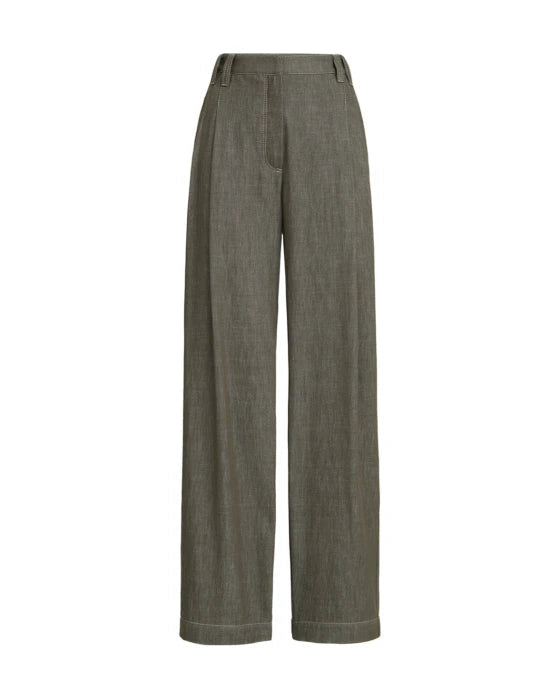 Denim Effect Linen Casual Wide Leg Jean in Olive
