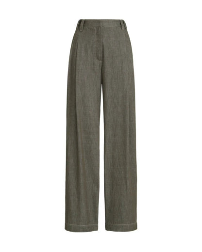 Denim Effect Linen Casual Wide Leg Jean in Olive
