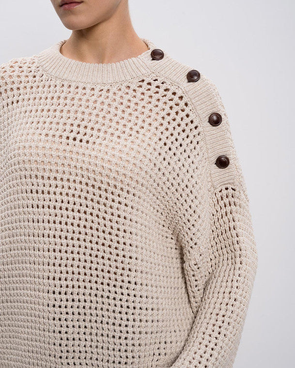 Cotton 3D Spring Net Pullover with Button Shoulder Detail in Avena