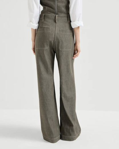 Denim Effect Linen Casual Wide Leg Jean in Olive
