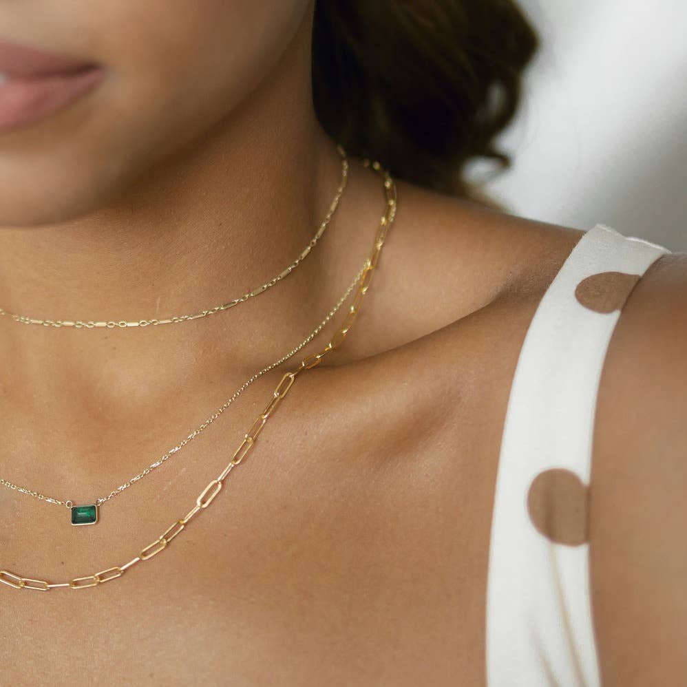 14k Solid Gold Rectangular Emerald Necklace
