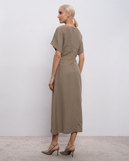 Linen Twill VNeck Shirt Dress with Shoulder Monili Piping in Cool Brown
