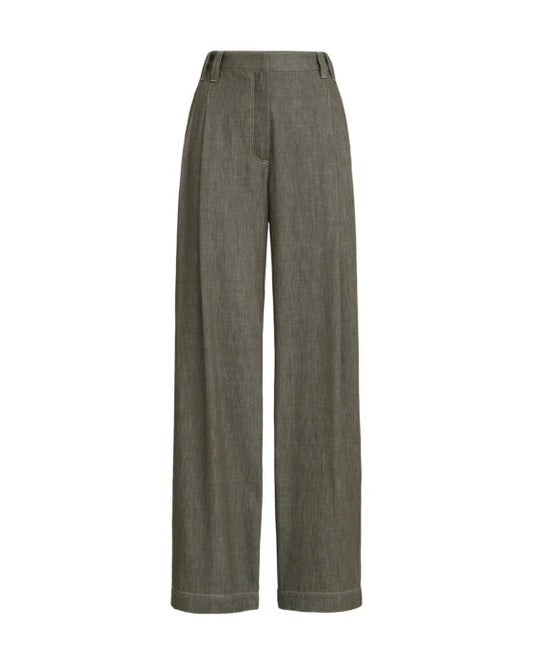 Denim Effect Linen Casual Wide Leg Jean in Olive