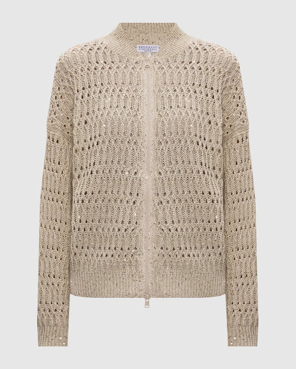 Openwork Braided Linen Pailette Knit Jacket in Cool Beige