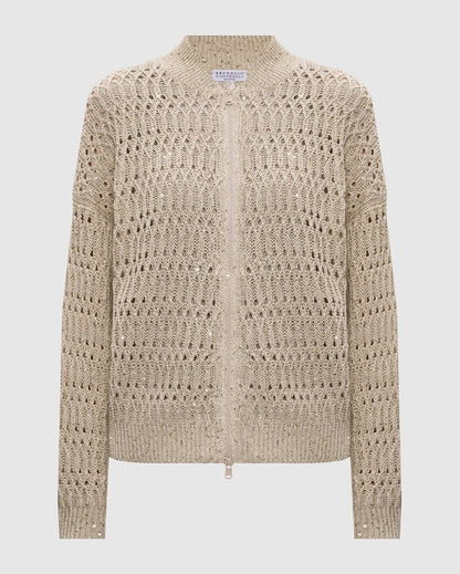 Openwork Braided Linen Pailette Knit Jacket in Cool Beige