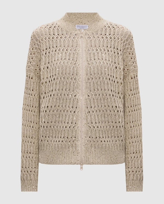 Openwork Braided Linen Pailette Knit Jacket in Cool Beige