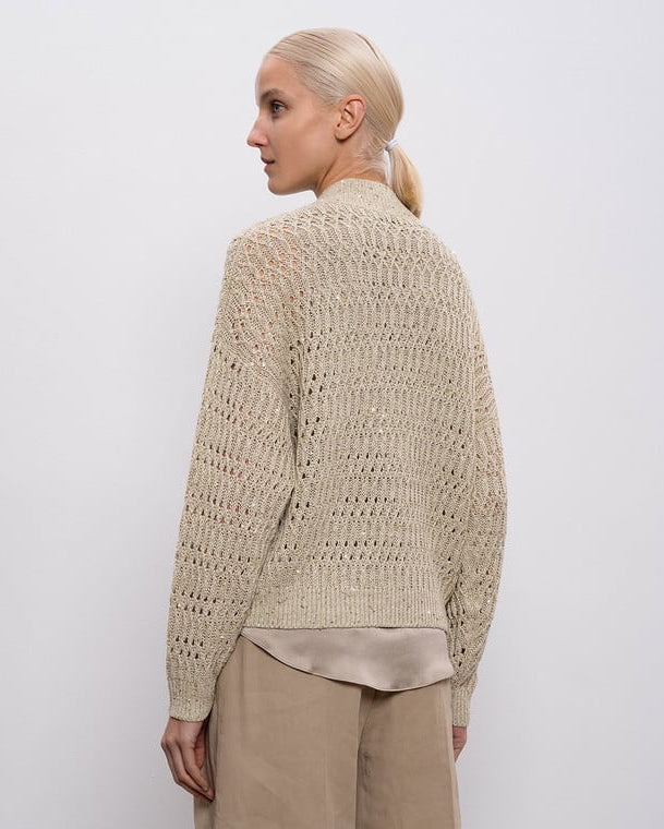 Openwork Braided Linen Pailette Knit Jacket in Cool Beige