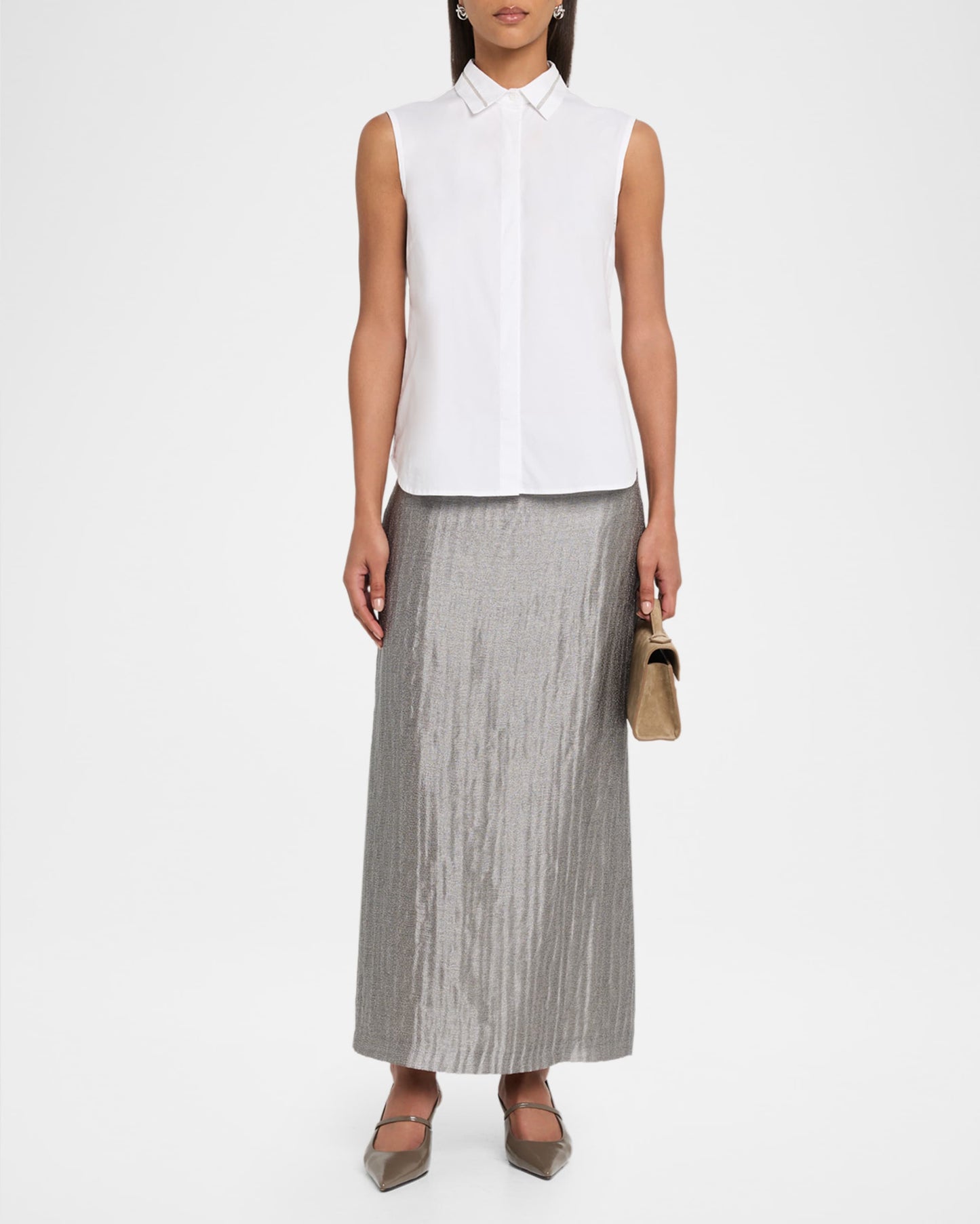 Linen Viscose Tubular Metal Mesh Skirt in Pearl Silver