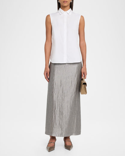 Linen Viscose Tubular Metal Mesh Skirt in Pearl Silver