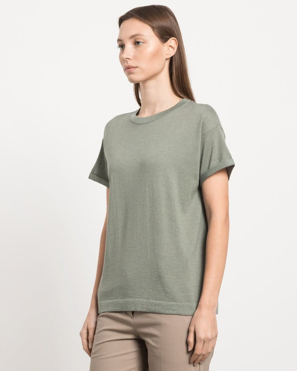 Cashmere Silk Lurex Short Sleeve Crew in Eucalyptus