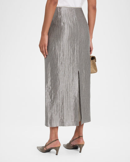 Linen Viscose Tubular Metal Mesh Skirt in Pearl Silver