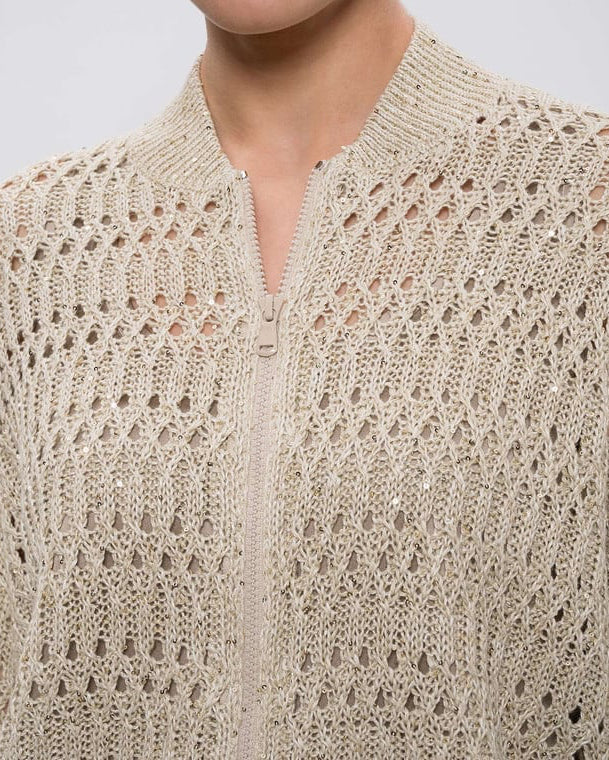 Openwork Braided Linen Pailette Knit Jacket in Cool Beige