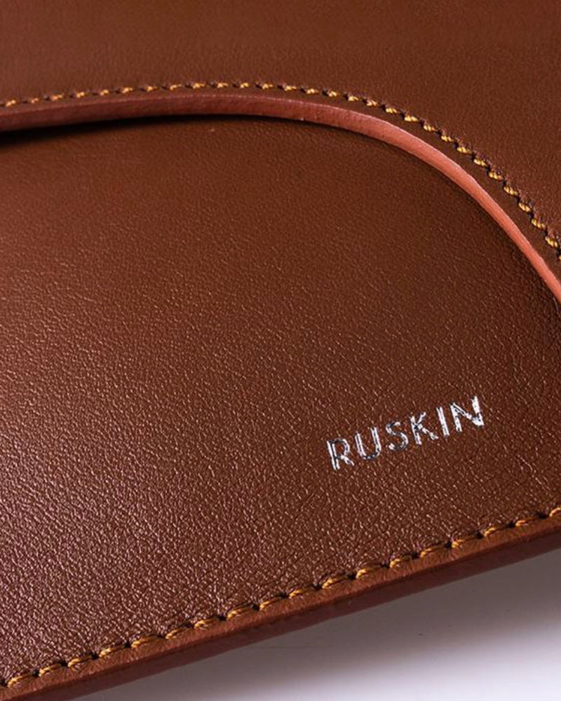 Ruskin England Camille Clutch in tan brown leather with gold stitching detail