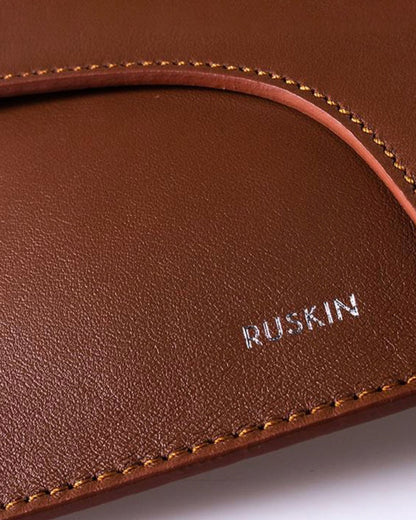 Ruskin England Camille Clutch in tan brown leather with gold stitching detail